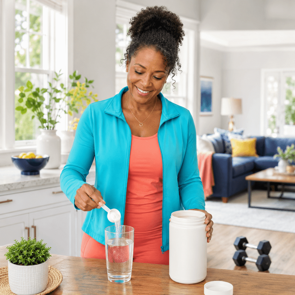 Midlife woman adding plain creatine to water while supporting exercise, energy and mental focus.