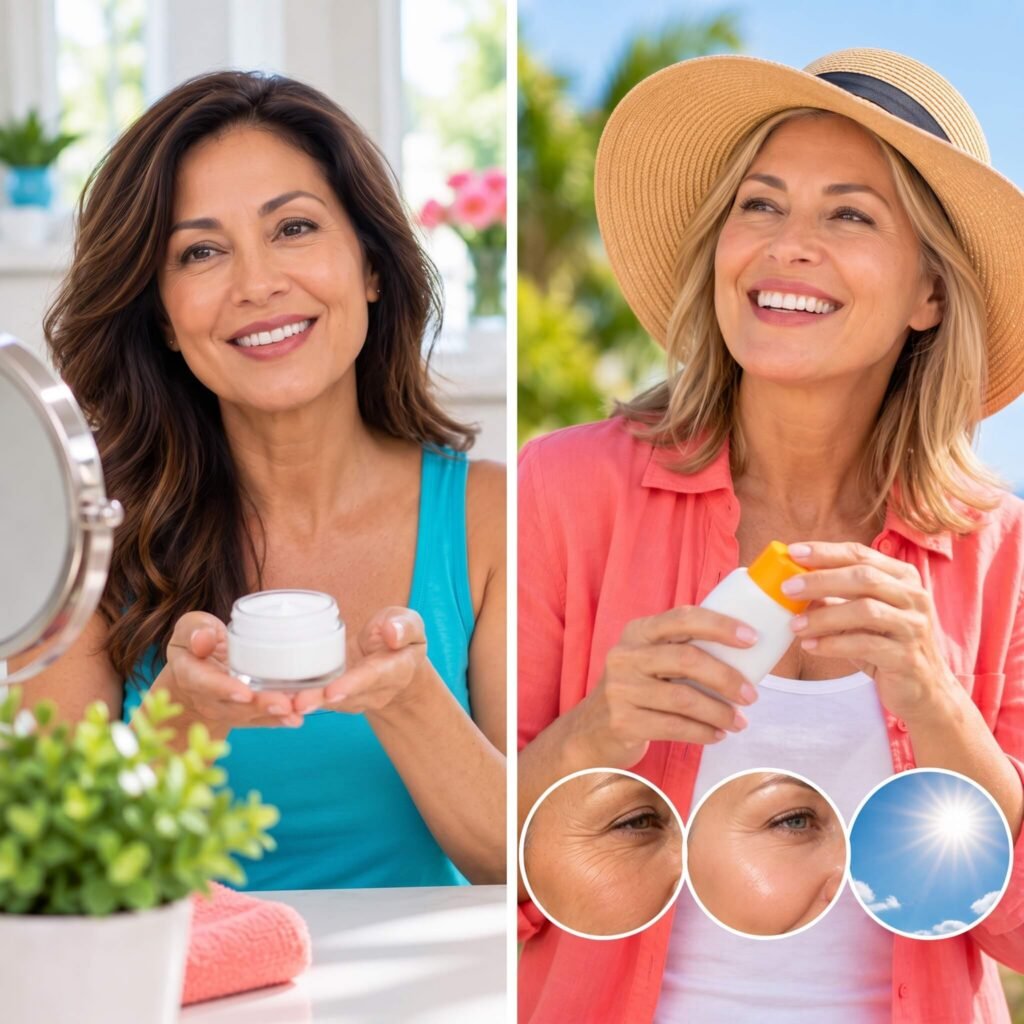 Two women over 50 applying moisturizer and sunscreen as part of a consistent daily skincare routine.