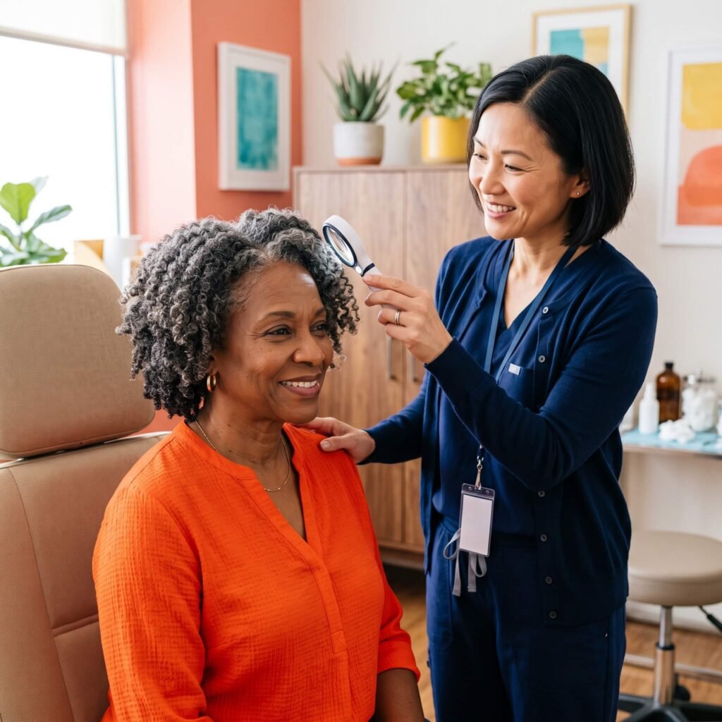 Midlife woman smiling during a dermatologist’s examination of her thinning scalp.