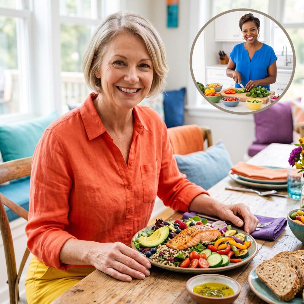 Woman over 50 enjoying a Mediterranean-style meal with vegetables, whole grains, fruit and healthy fats