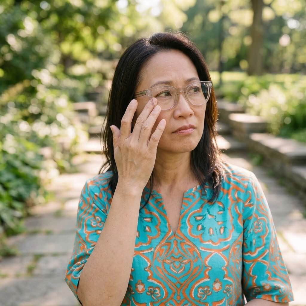 Woman discussing dry eyes and vision changes during menopause