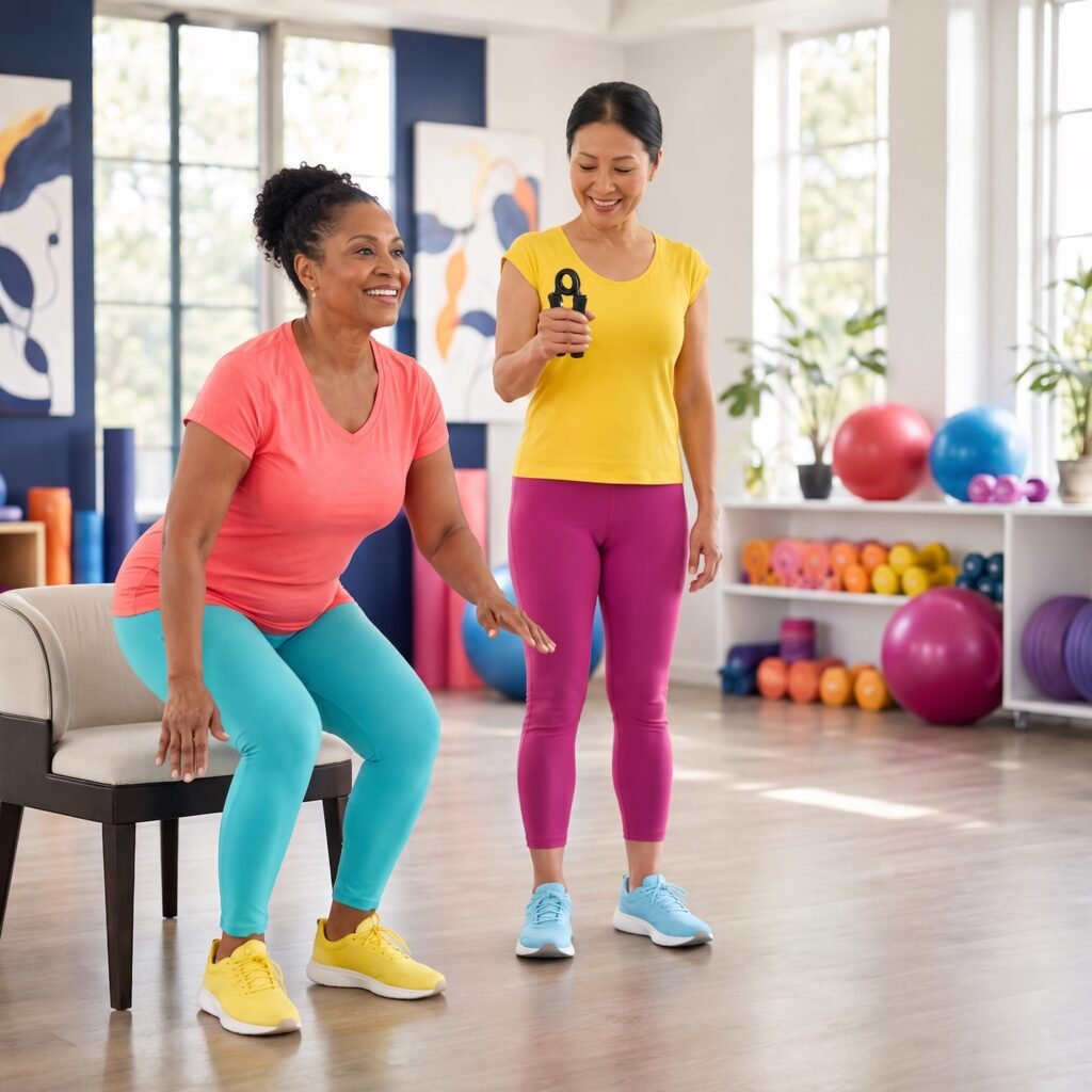  Two smiling women in their 50s practicing a chair rise and grip-strength assessment with a trainer.
