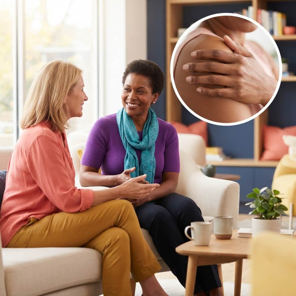 Woman learning how hormone changes can affect multiple body systems during menopause
