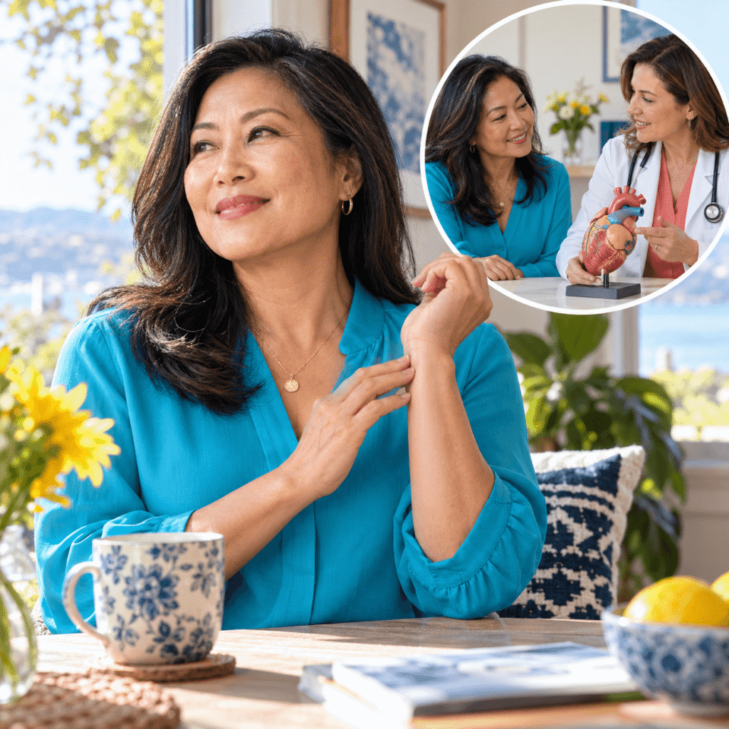 Midlife women discussing menopause and cardiovascular health during a wellness consultation.