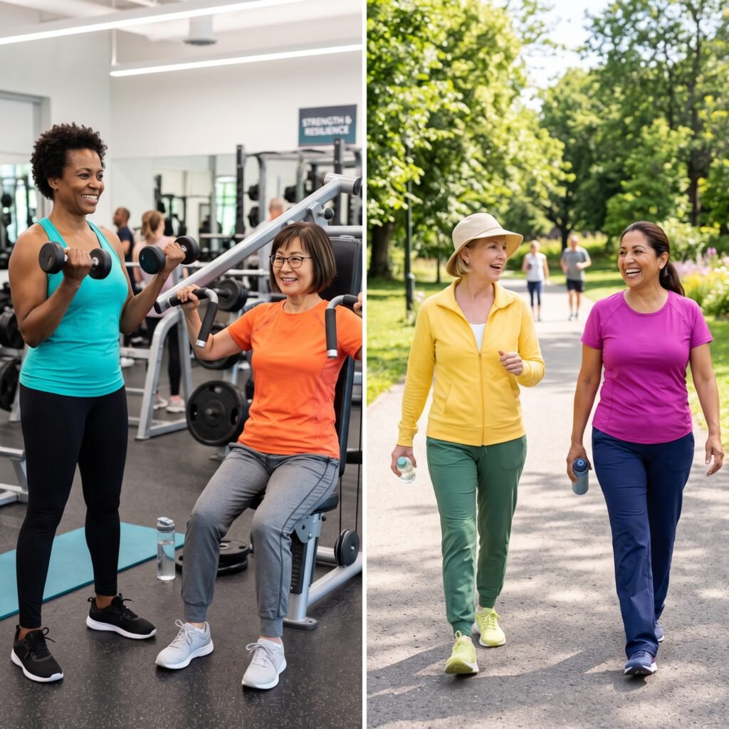 Diverse women over 40 walking and strength training to support brain health during menopause