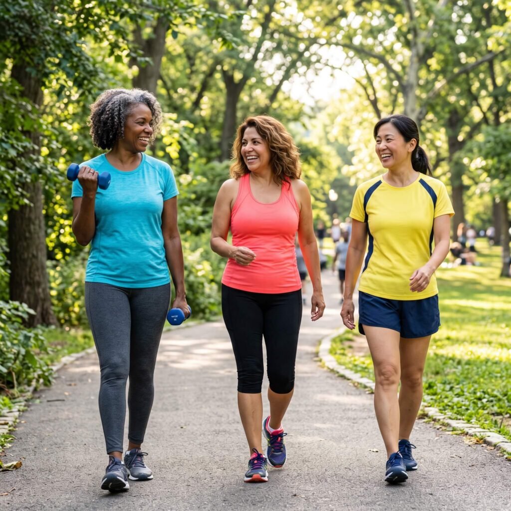 Midlife women combining brisk walking and light strength training for cardiovascular fitness.