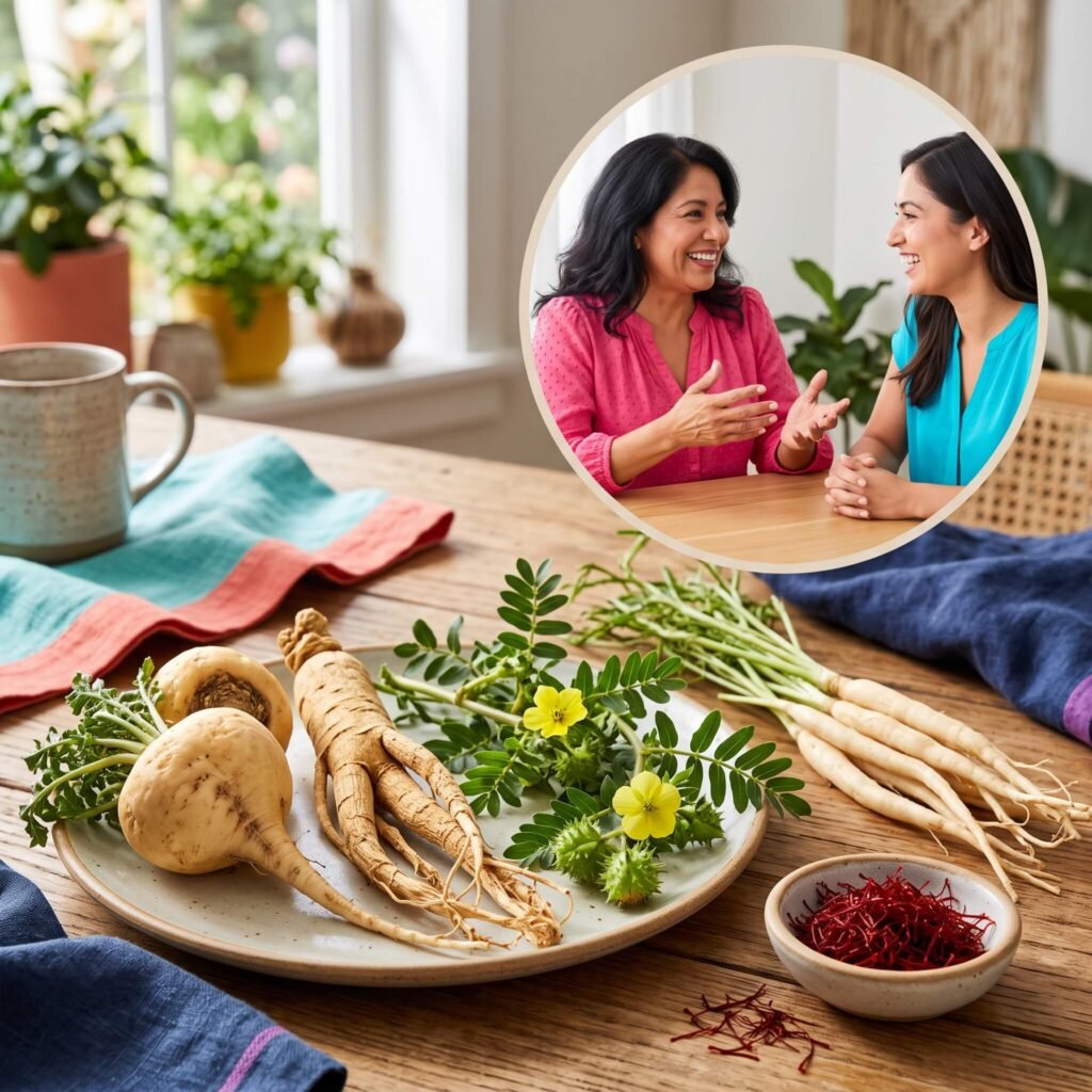 Natural botanicals discussed for female sexual function including maca, ginseng, Tribulus, Shatavari and saffron