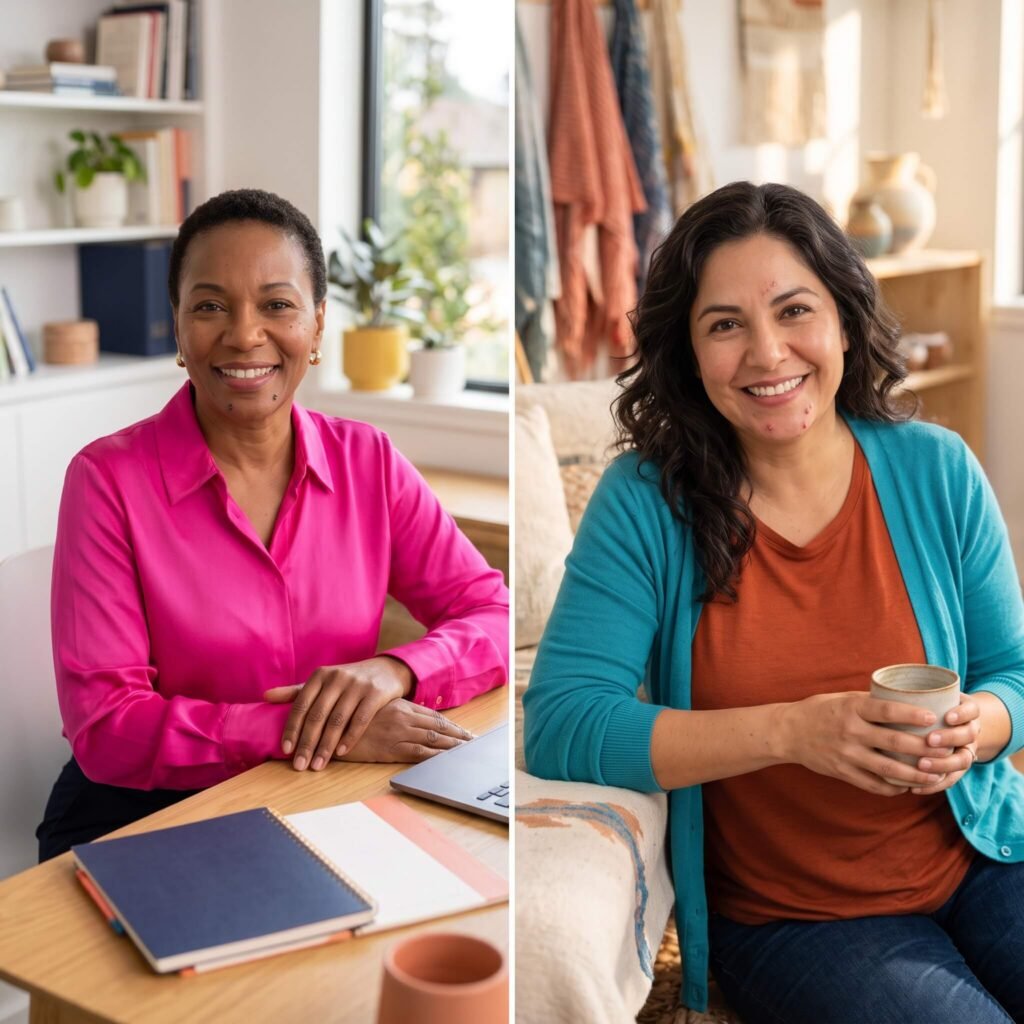Three women over 40 showing different patterns of hormonal acne along the chin, jawline and lower face