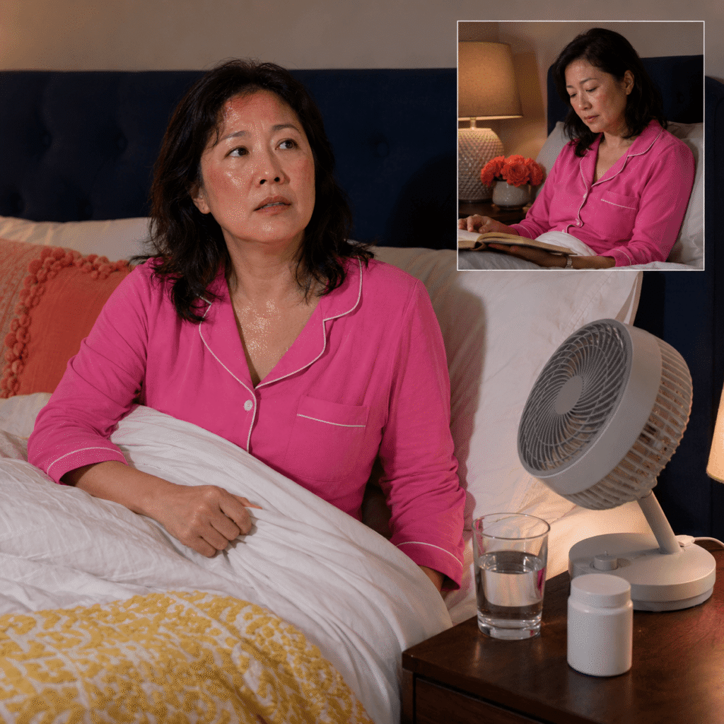 Perimenopausal woman experiencing a nighttime hot flash despite a calming bedtime routine
