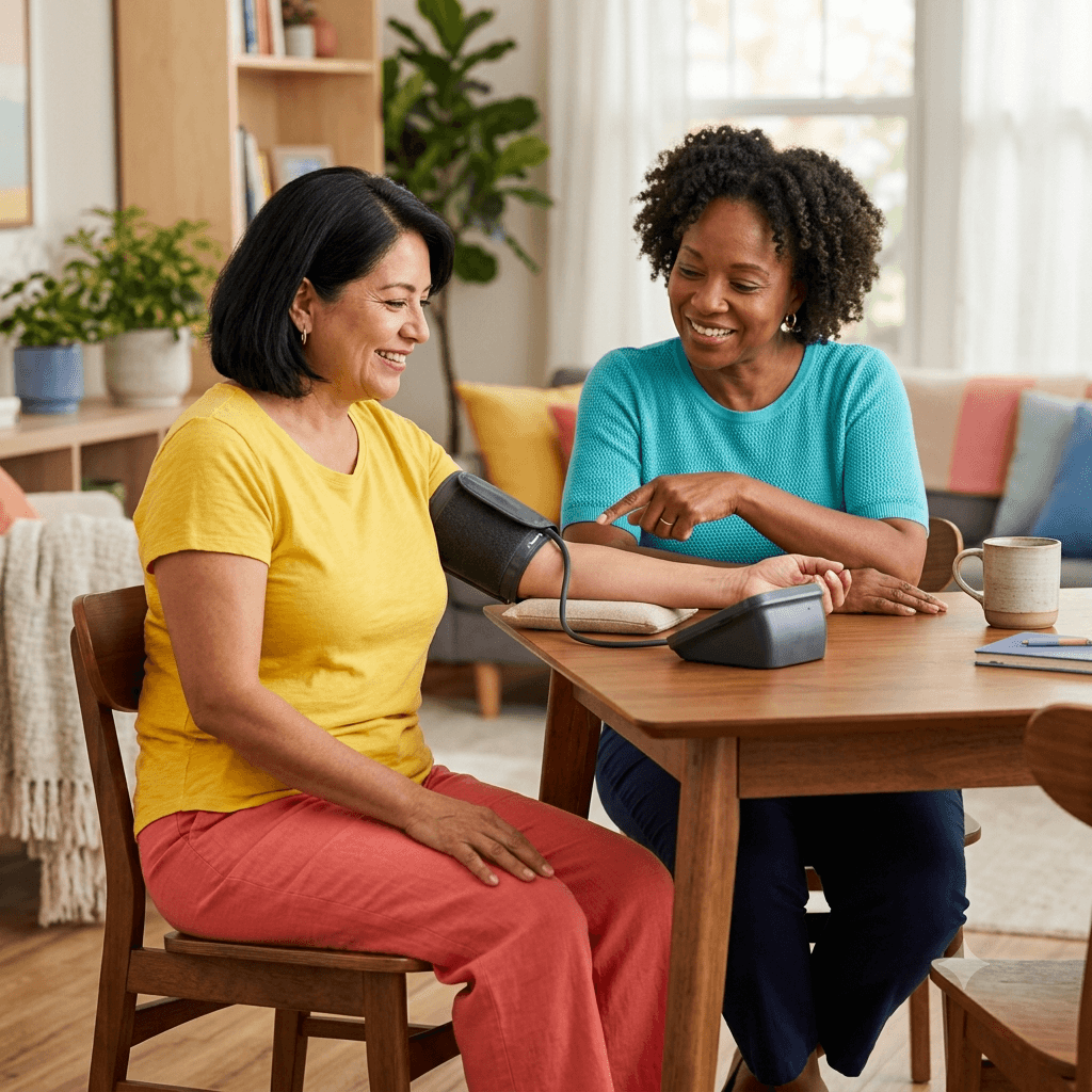 Woman sitting correctly with her arm supported while using an automatic upper-arm blood pressure monitor.