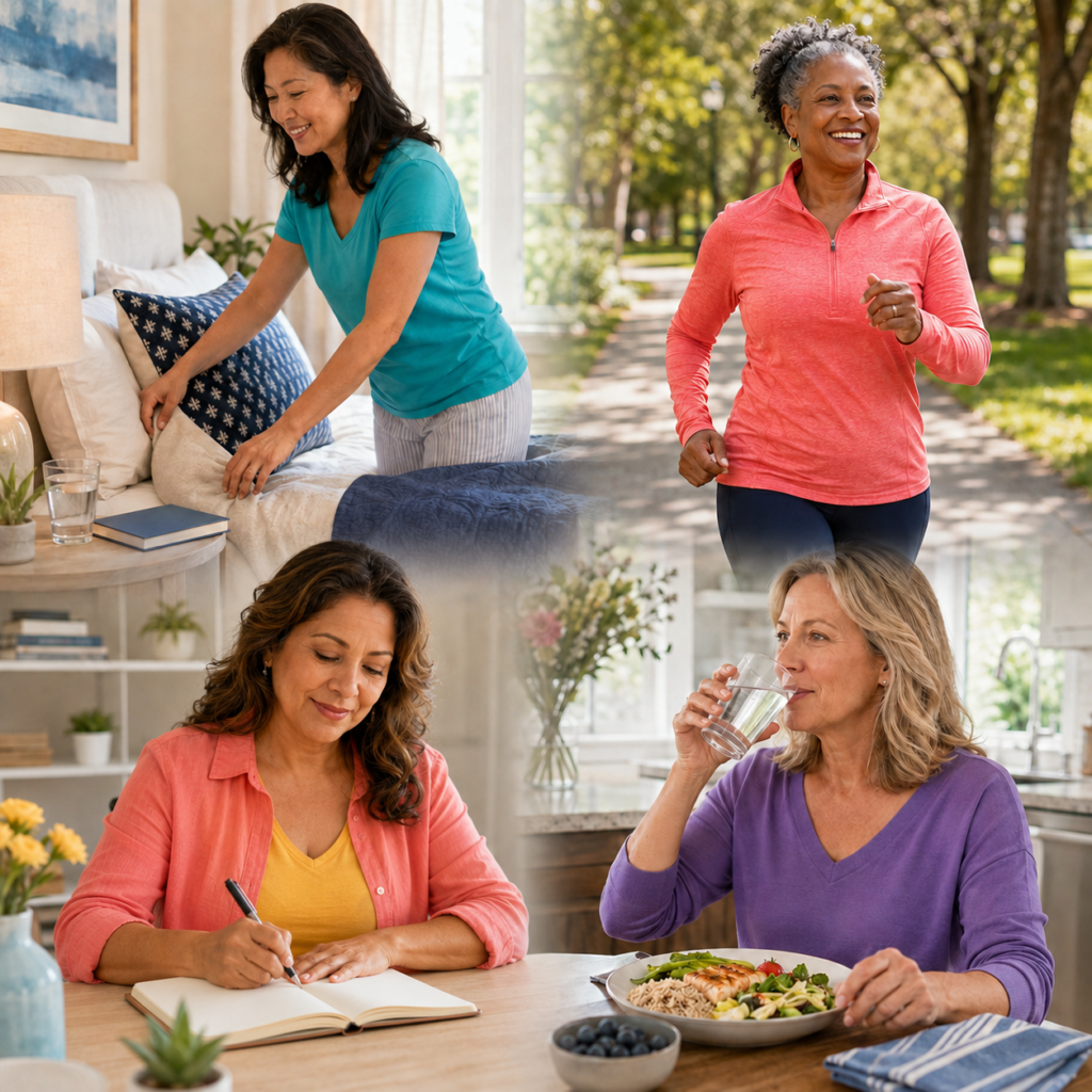 Diverse midlife women practicing sleep, movement and planning habits for menopause brain fog