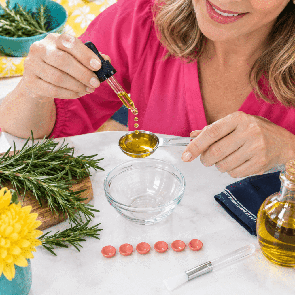 Woman measuring six drops of rosemary essential oil into one tablespoon of jojoba carrier oil.