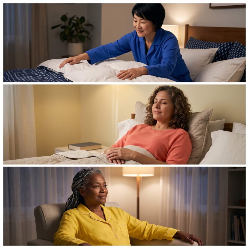 Midlife woman using a calm nighttime routine to fall back asleep during menopause