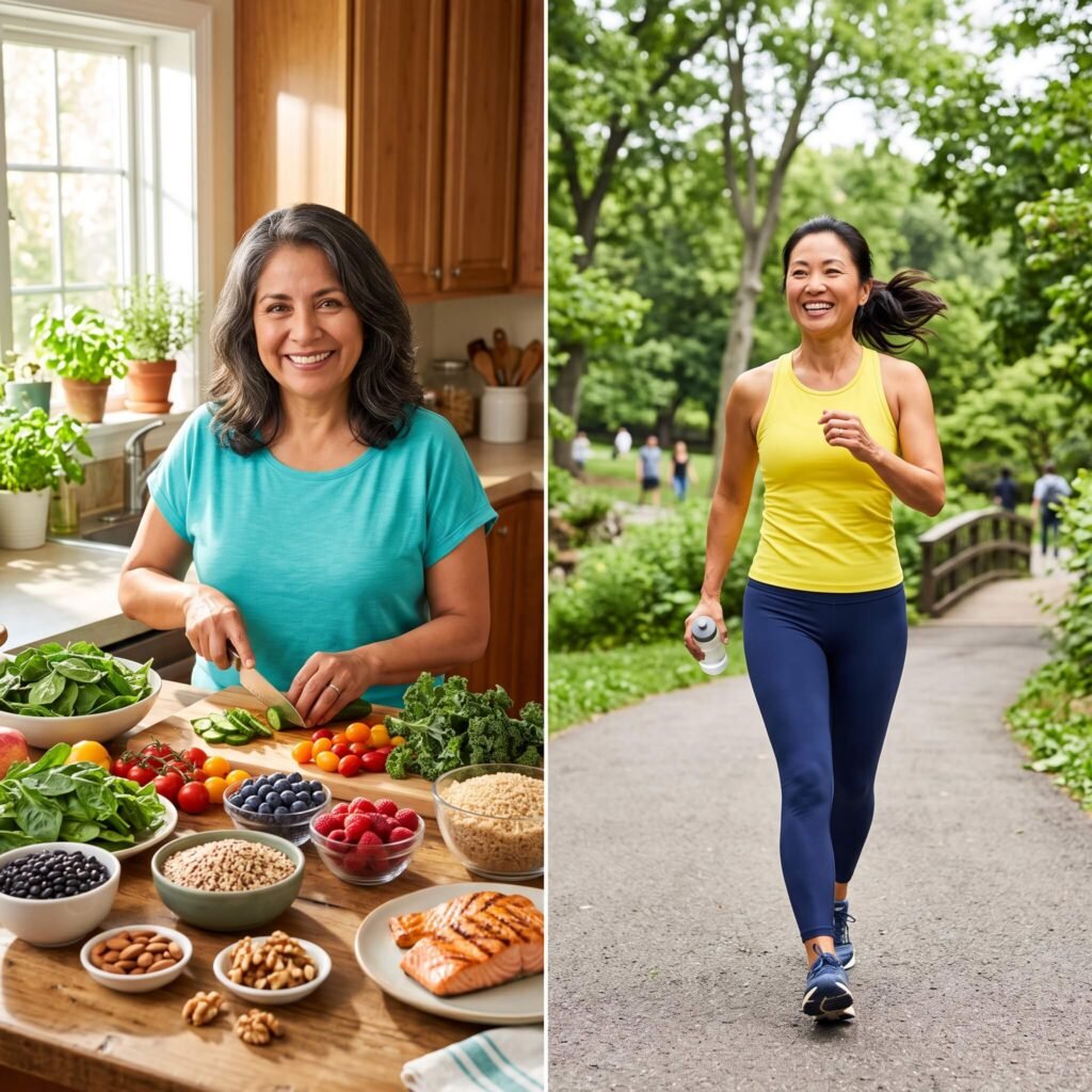 Two midlife women preparing a DASH-style meal and walking outdoors for cardiovascular health.