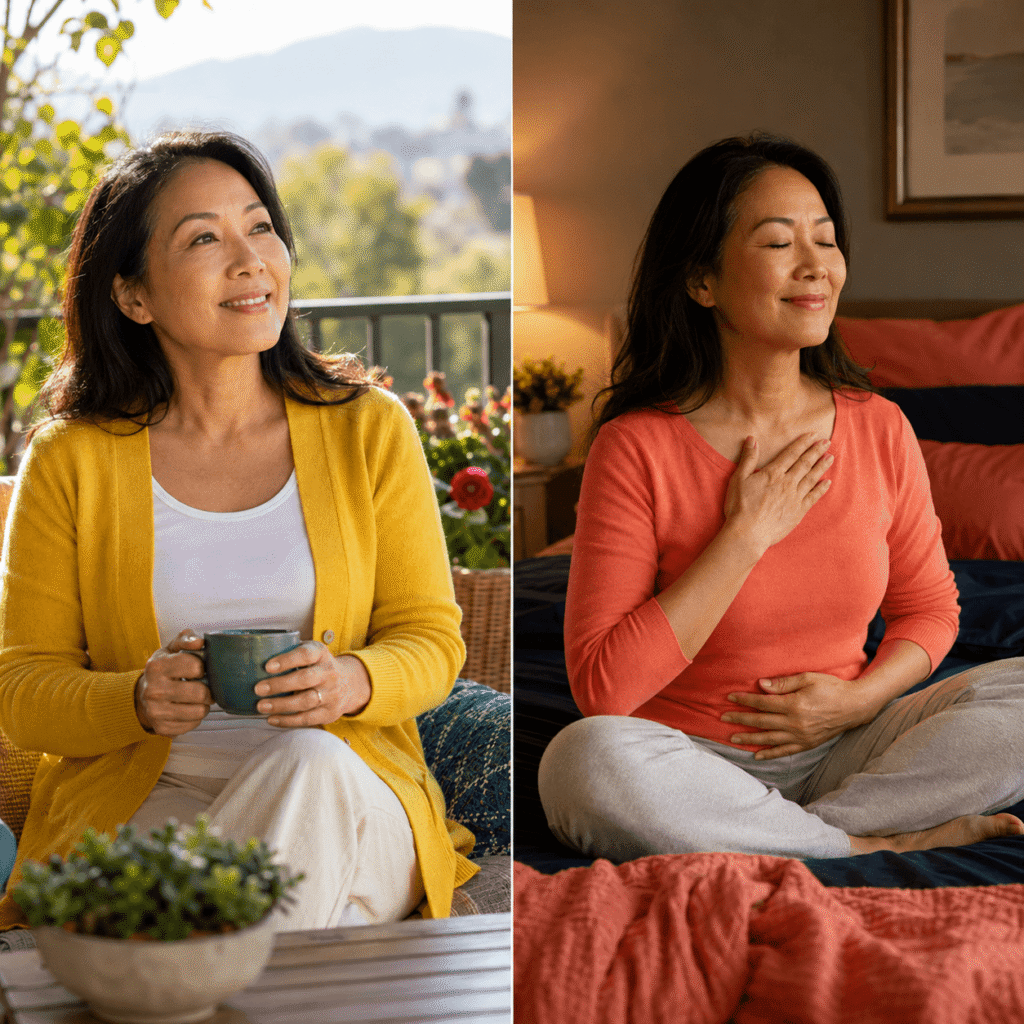 Midlife woman practicing slow breathing as part of a calming evening routine