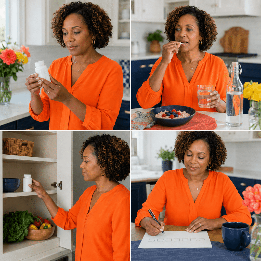 Woman taking a targeted probiotic with breakfast and tracking her response