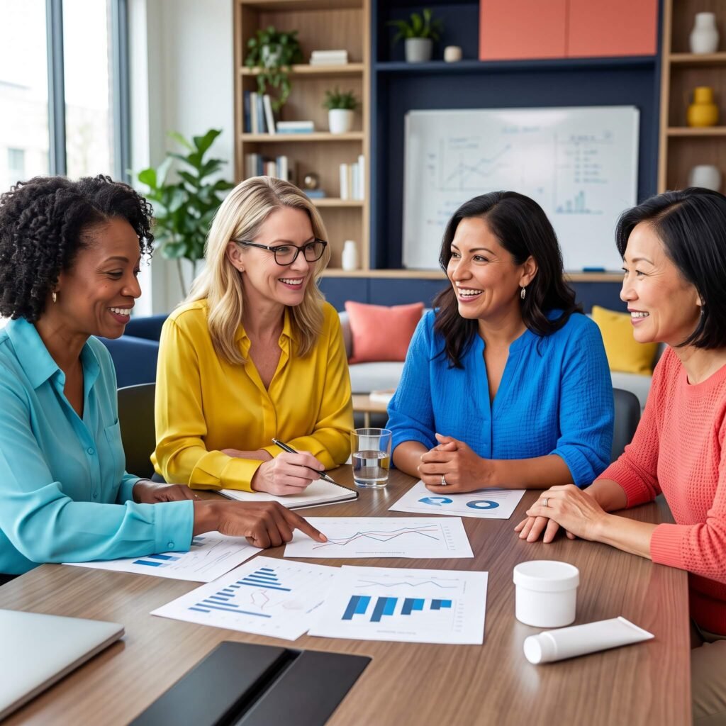 Diverse group of midlife women and a healthcare researcher discussing menopause treatment research around a bright table.