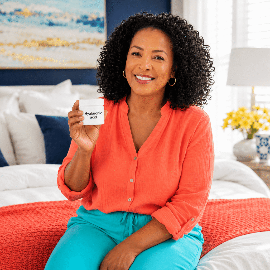 Smiling African American woman in her 50s holding an unbranded vaginal moisturizer package while relaxing in a bright bedroom.