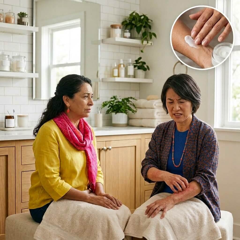 Woman discussing itchy or sensitive skin during menopause