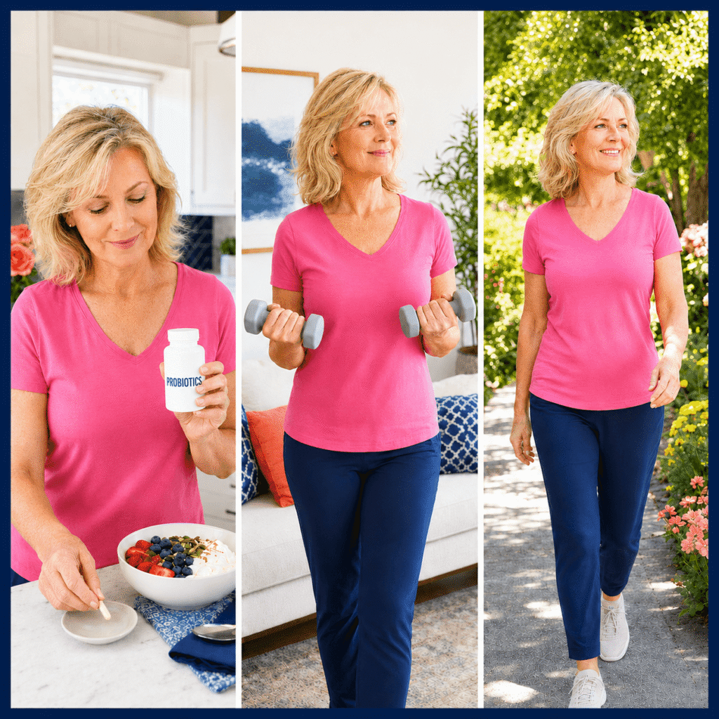 Woman combining a targeted probiotic with strength training and a balanced breakfast