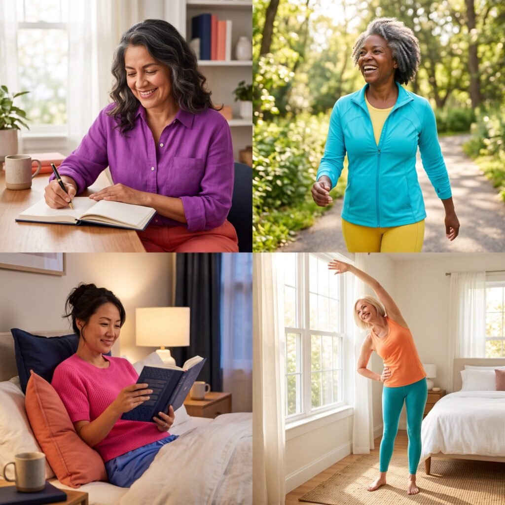 Diverse midlife women tracking sleep, morning light and bedtime routines