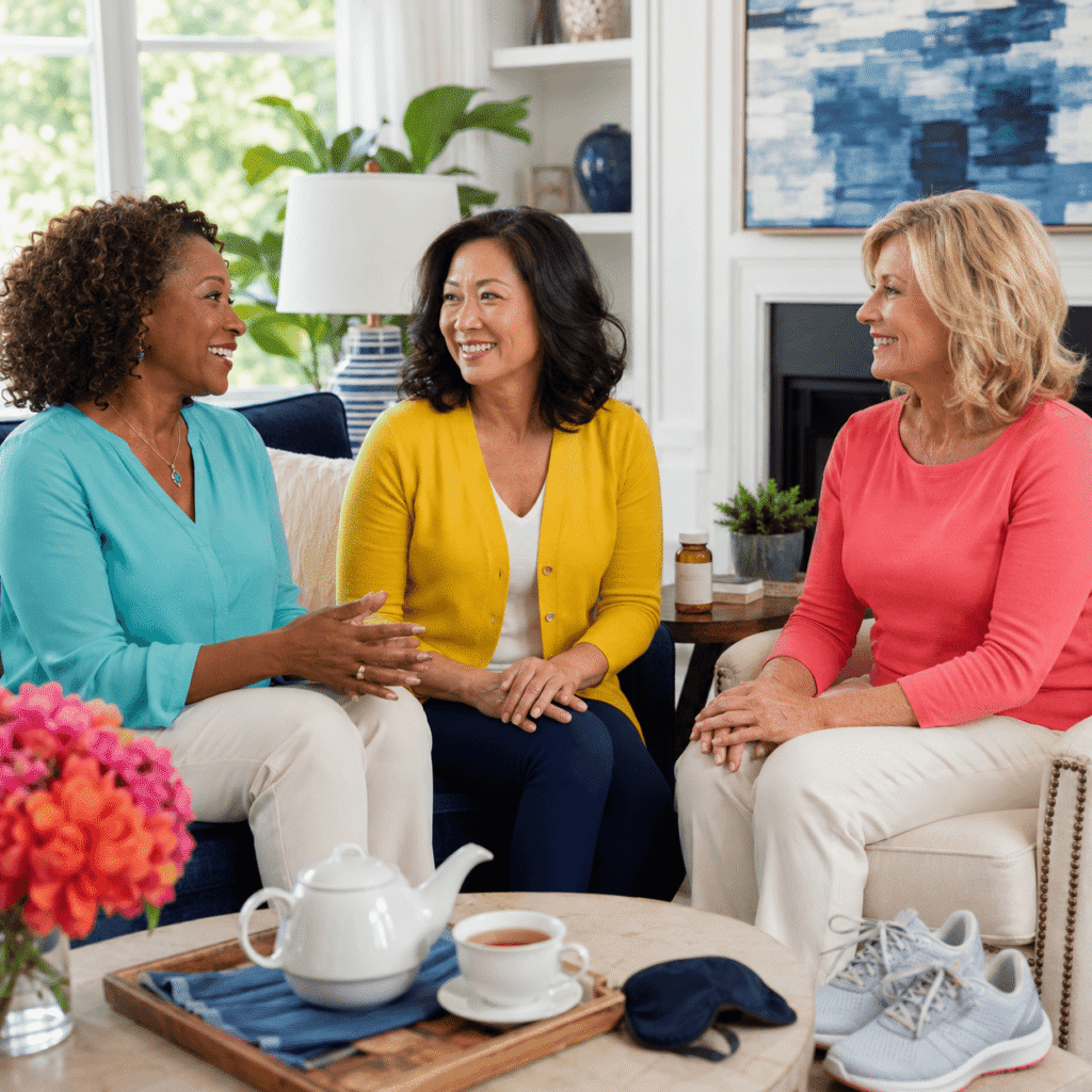 Three diverse midlife women talking together in a bright living room about menopause wellness and emotional well-being.
