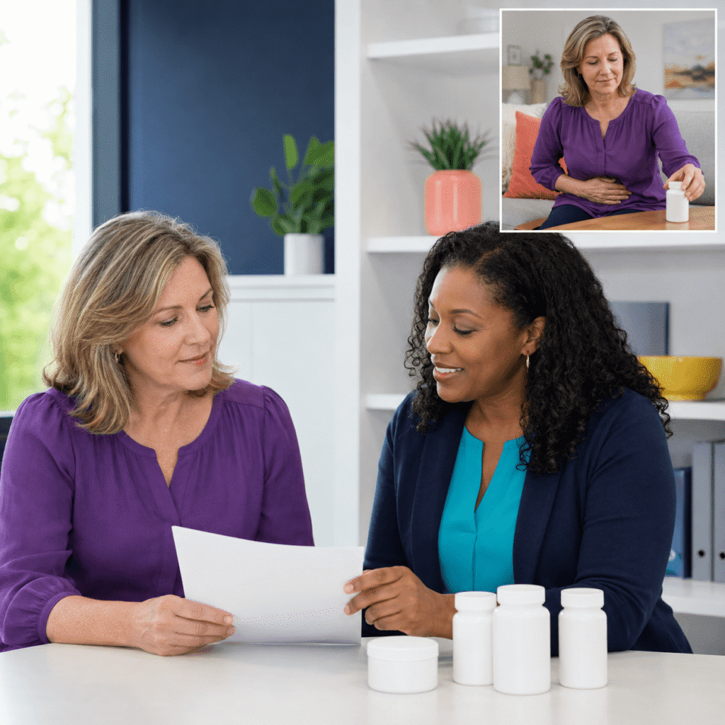 Midlife woman reviewing magnesium side effects and medication timing with a pharmacist
