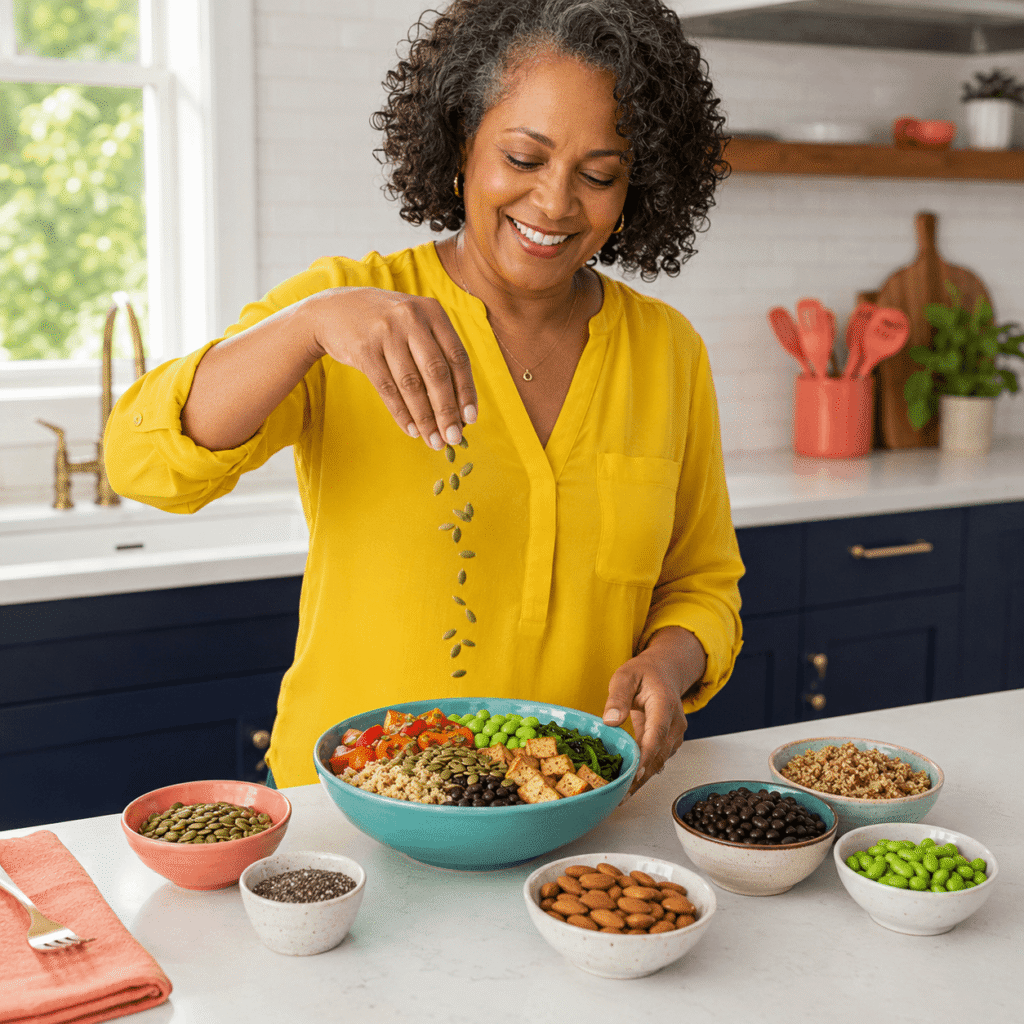 Woman preparing magnesium-rich foods to support menopause nutrition
