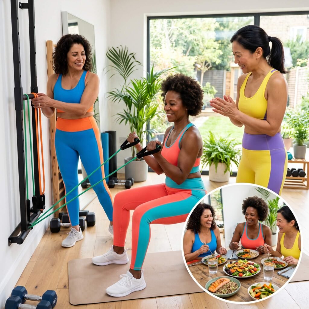 Midlife women doing resistance exercise as part of a bone-health routine
