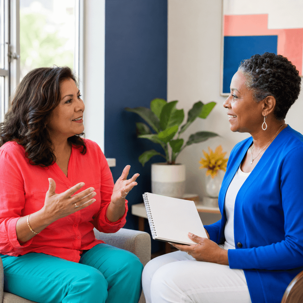 Midlife woman discussing melatonin and hormone concerns with a female health professional
