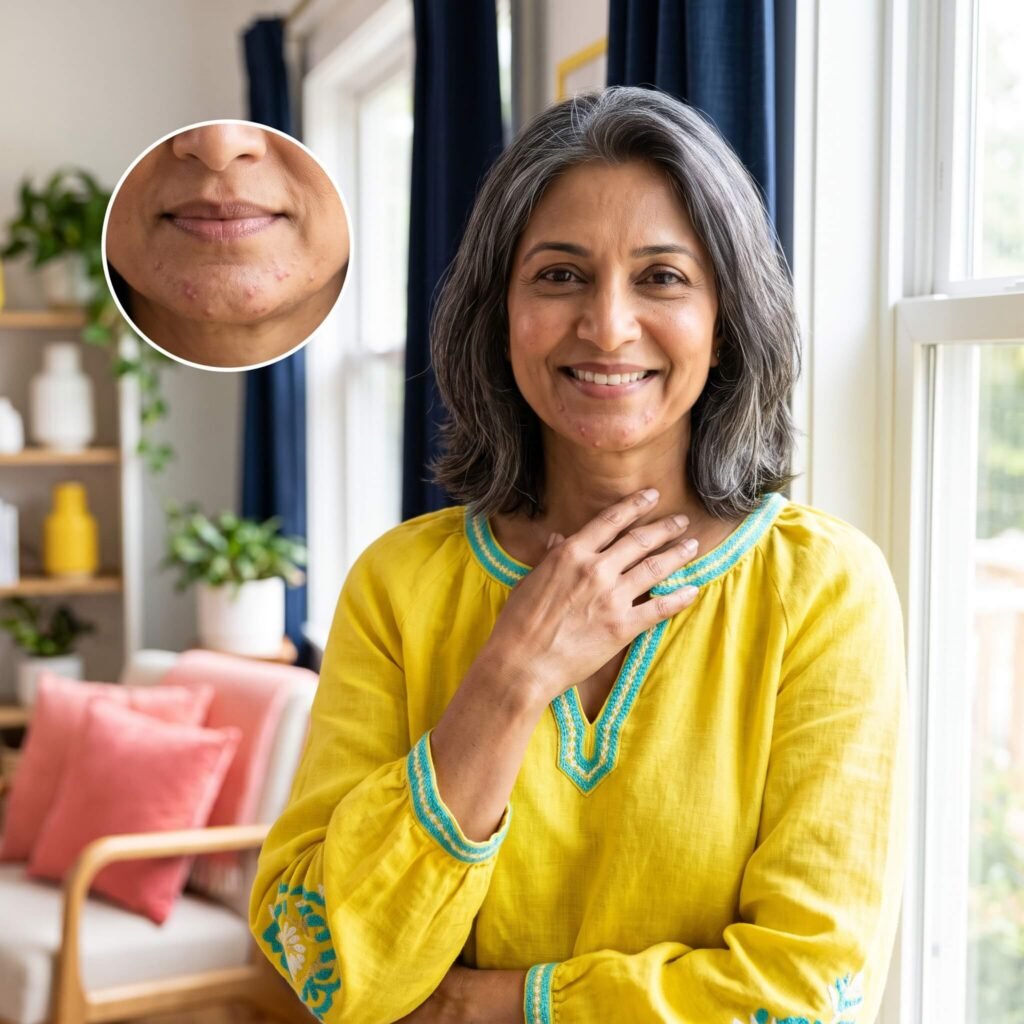 Woman in her 50s with hormonal chin acne and dry, sensitive mature skin during menopause