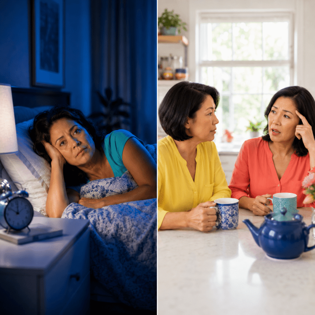 Midlife woman discussing sleep, stress and possible health causes of menopause brain fog with a cli
