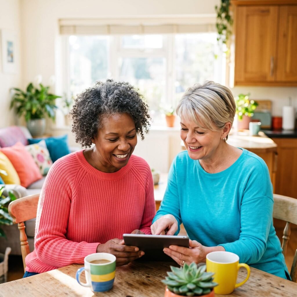 Midlife woman tracking sleep, exercise and supplements while following a menopause brain fog plan.