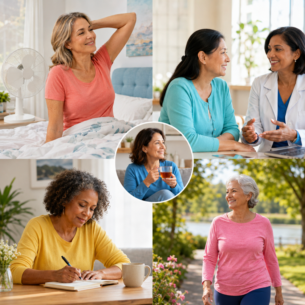 Woman reviewing sleep, health and mood factors that may amplify menopause brain fog with a clinician