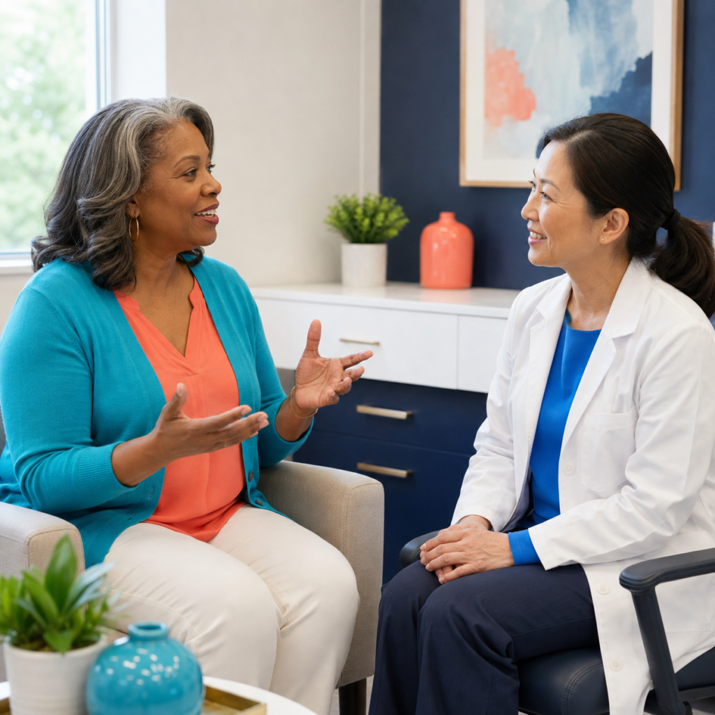Midlife woman discussing persistent memory changes with a health care professional