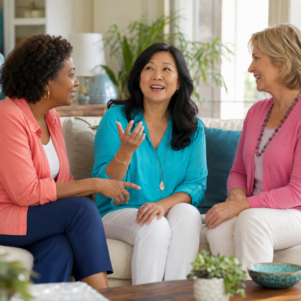 Midlife woman briefly forgetting a word during menopause before recalling it with help
