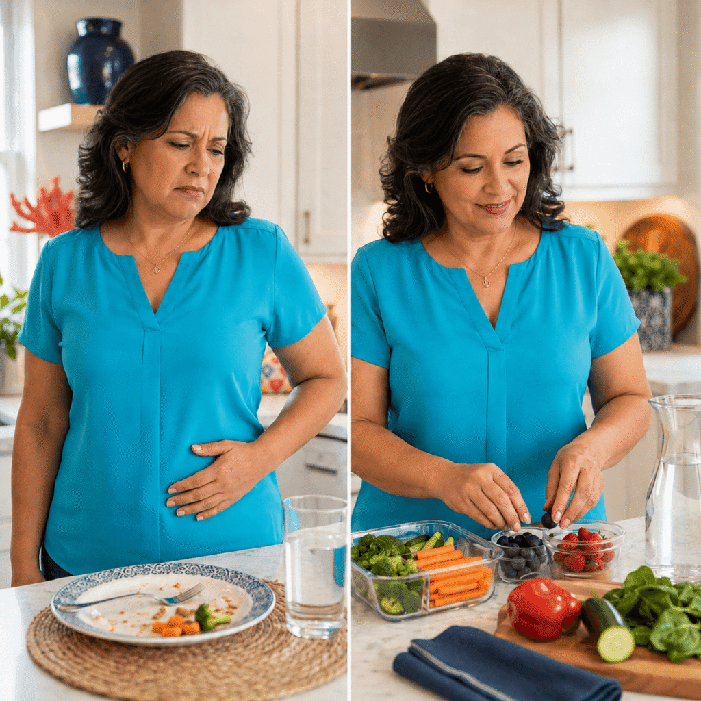 Midlife woman noticing digestive bloating while preparing a healthy meal