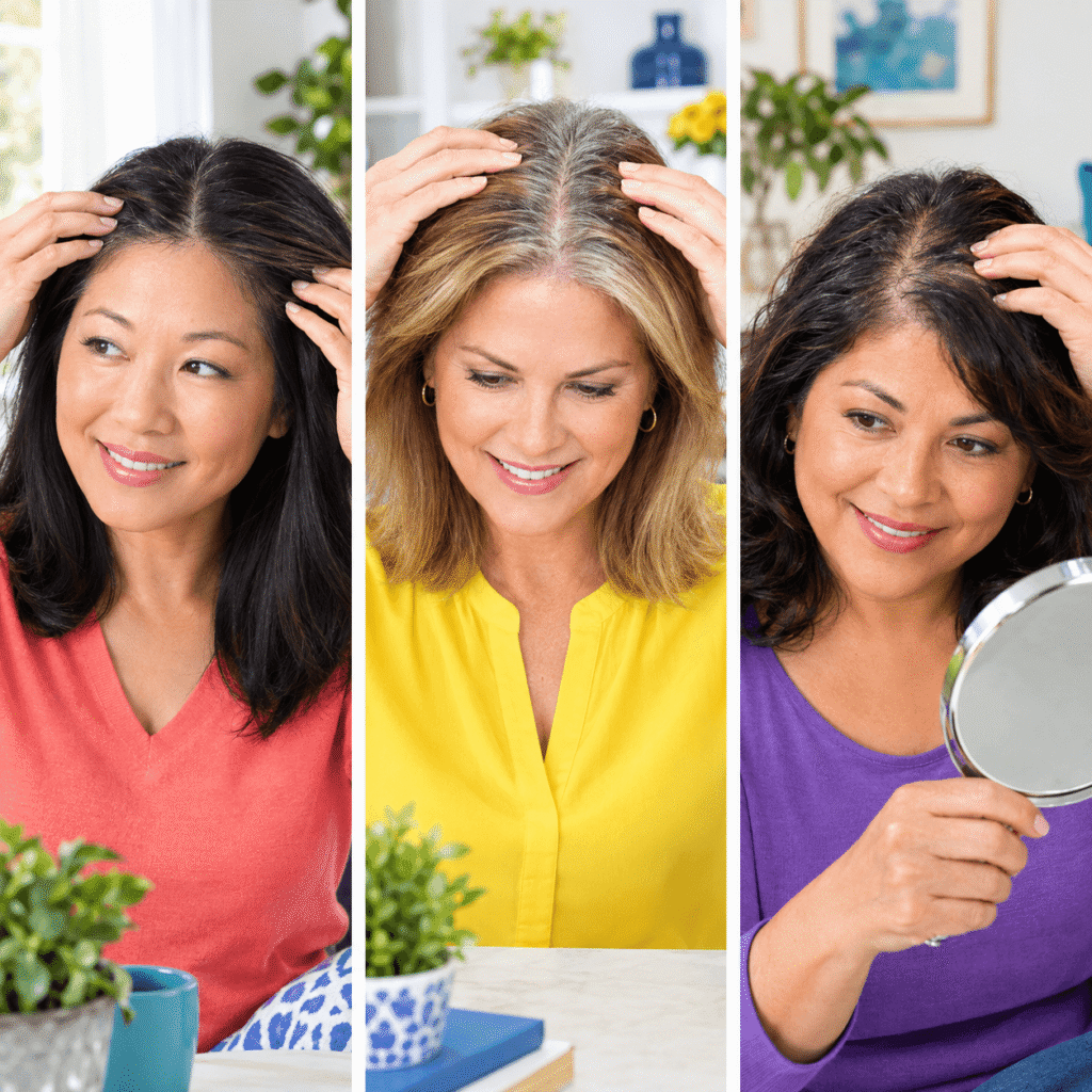 Three smiling women ages 40 to 60 comparing visible temple, part and crown hair-thinning patterns.
