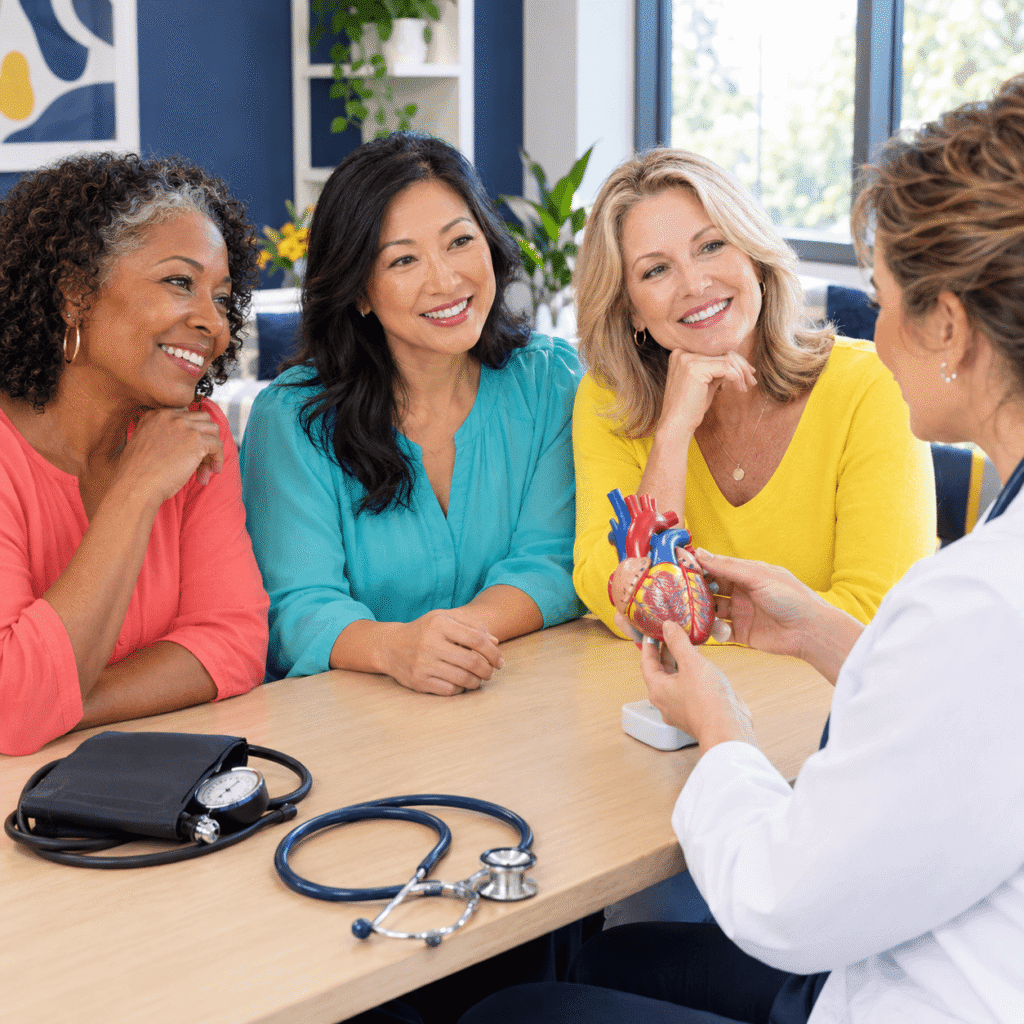 Diverse midlife women discussing heart health with a clinician during a cardiovascular wellness visit.