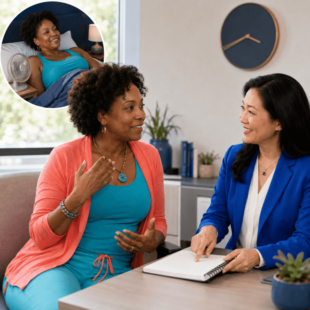 Midlife woman discussing nighttime hot flashes and sleep options with a female clinician
