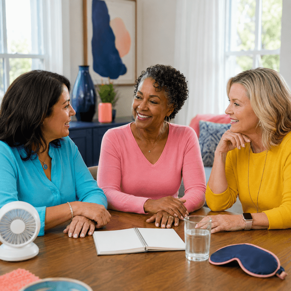 Three midlife women discussing different menopause sleep concerns during a supportive wellness conversation.
