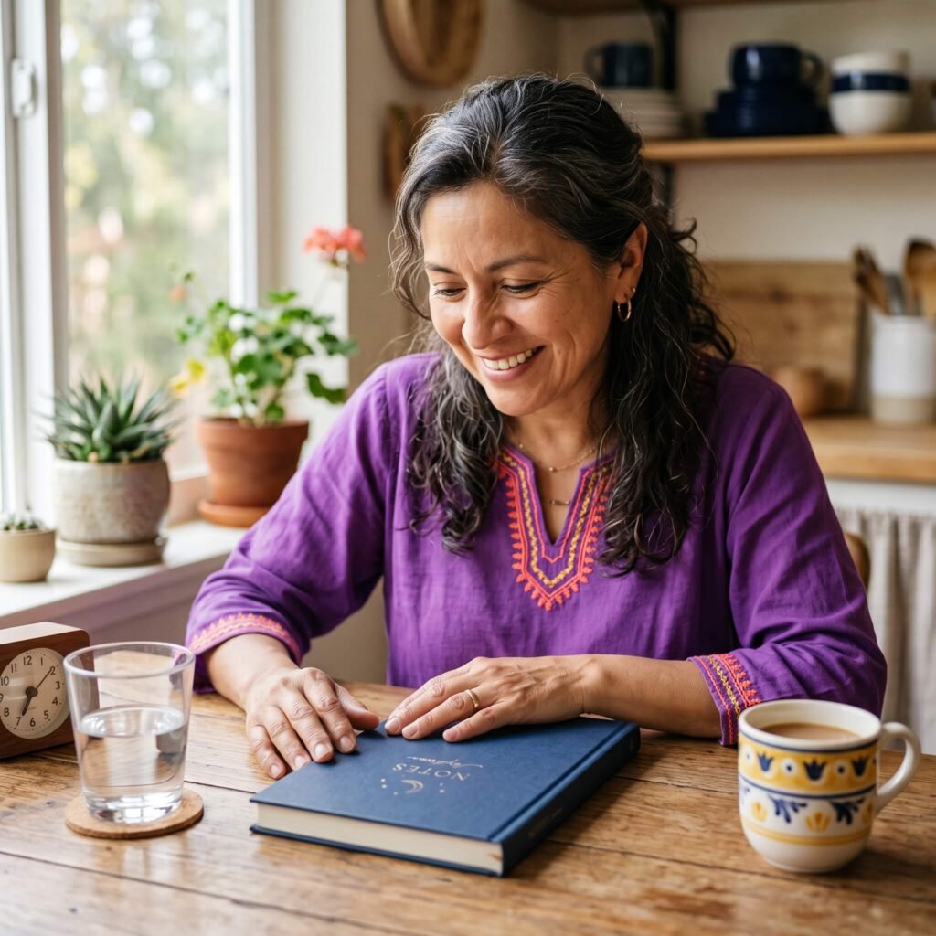 Midlife woman tracking sleep patterns in a menopause sleep diary