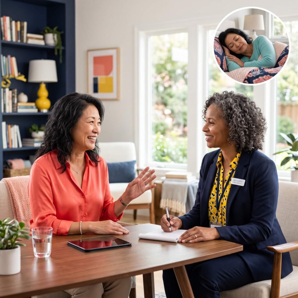 Midlife woman confidently discussing persistent sleep problems with a healthcare professional
