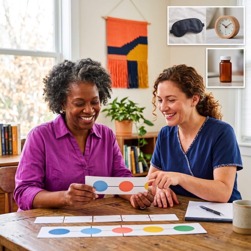  African American woman and female clinician reviewing a visual timeline of sleep, medication and menopause symptoms.
