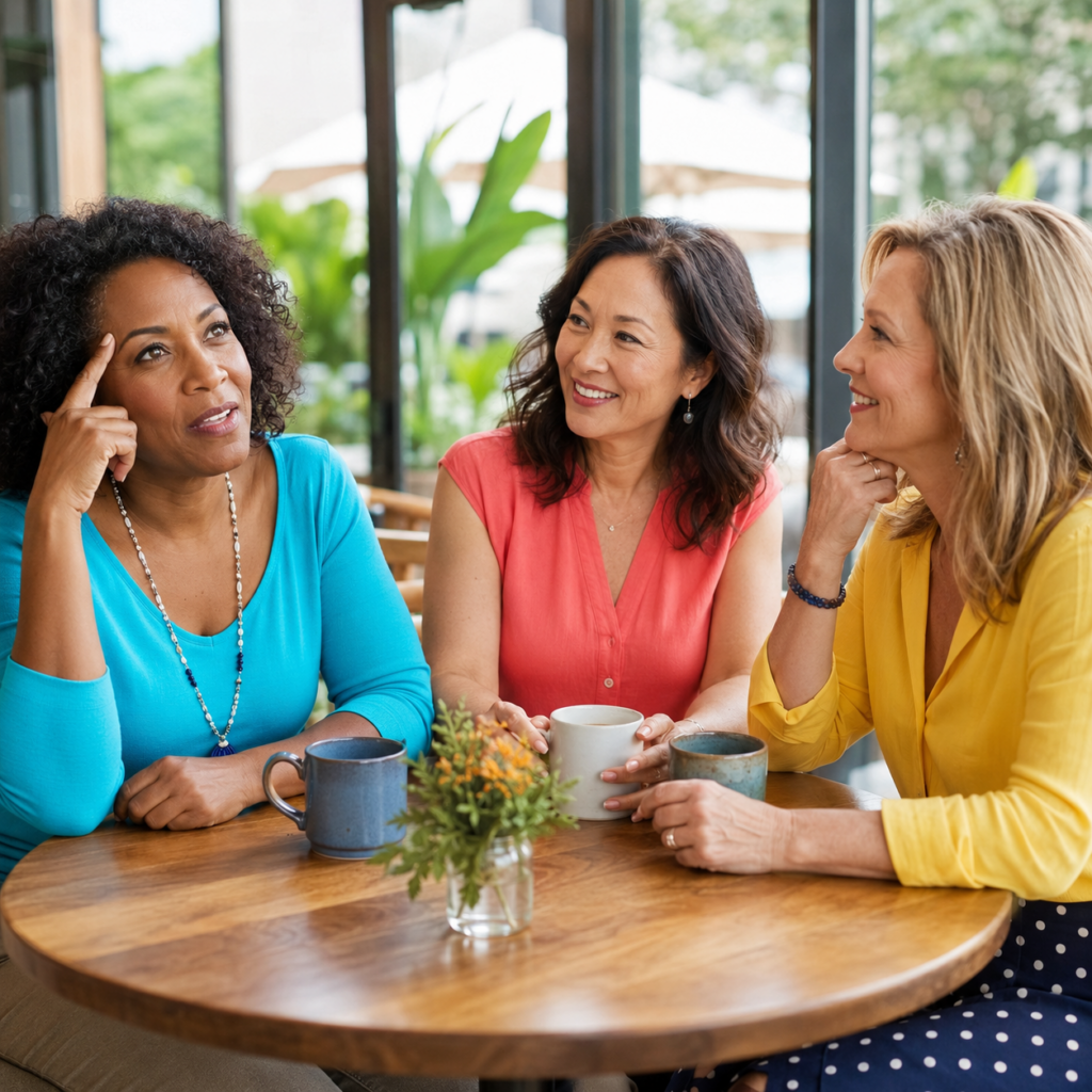 Midlife friends discussing menopause memory problems and word-finding difficulty