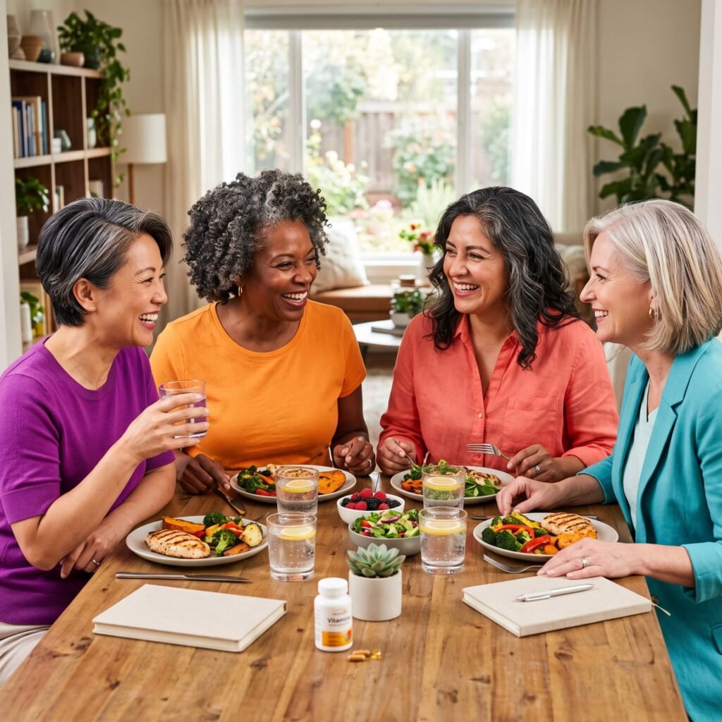 Four diverse women in their 40s and 50s sharing a positive menopause wellness moment