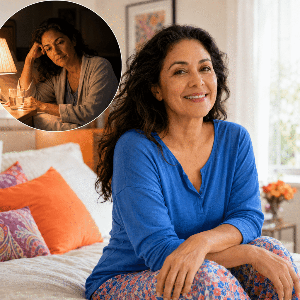 Woman tracking menopause sleep mood and hot flash symptoms in a personal journal