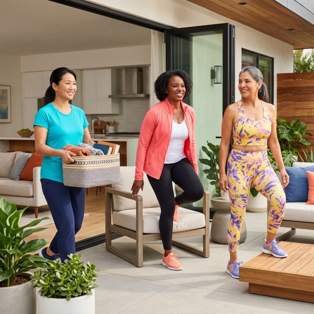 Three healthy midlife women of different ages practicing strength and daily movement together.
