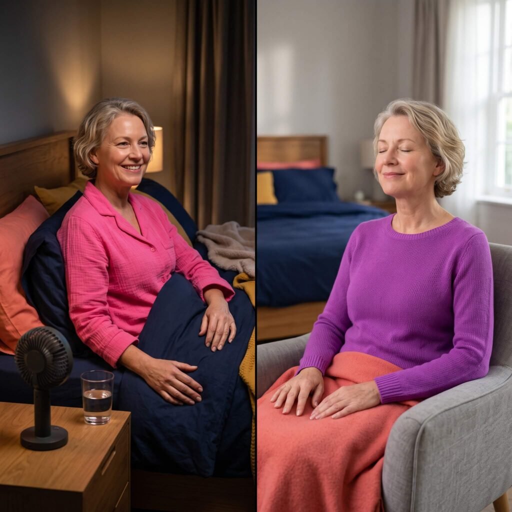 Woman calmly responding to racing thoughts after a menopause night waking