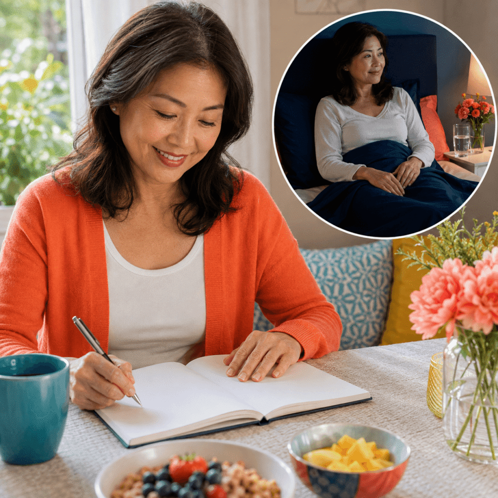 Midlife Asian woman reviewing a sleep diary in morning daylight with an inset showing a calm nighttime bedroom.
